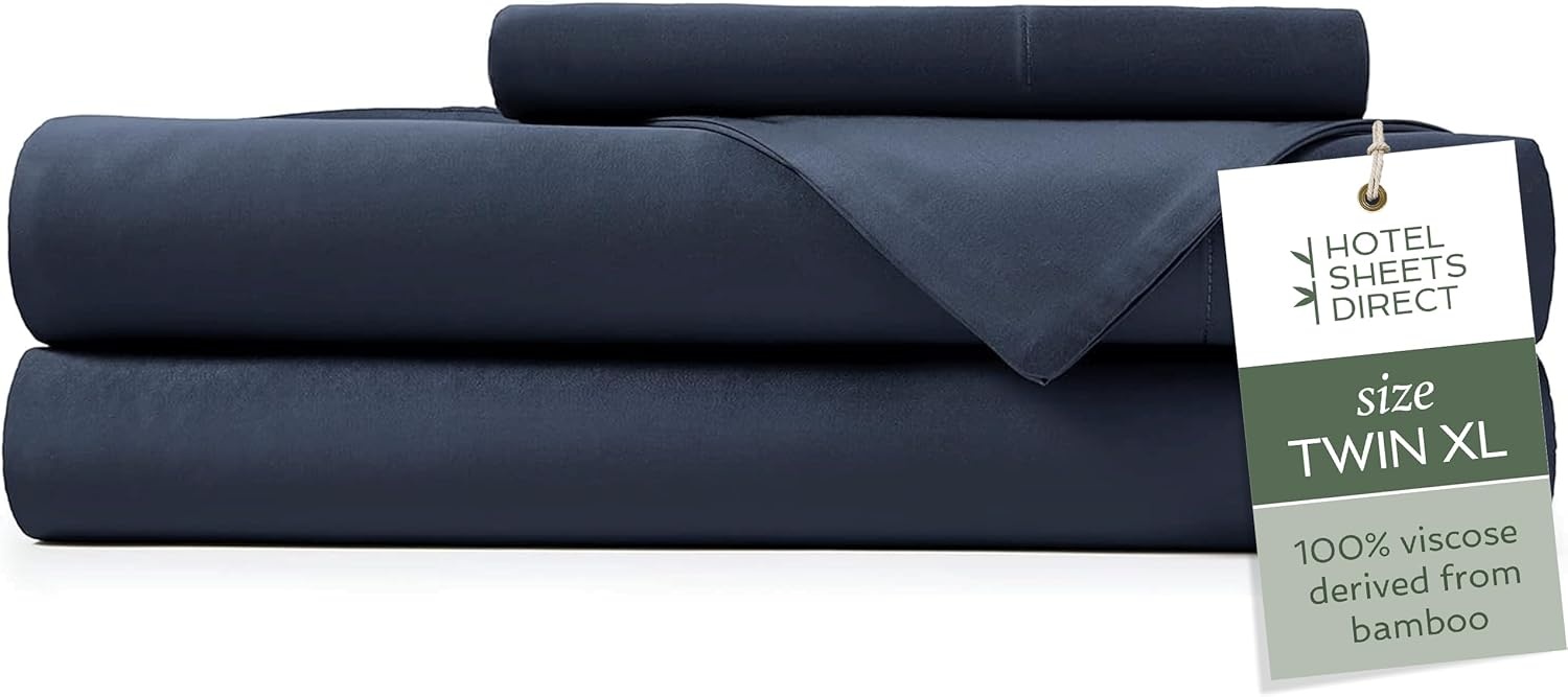 image:imageHotel Sheets Direct 4 Piece Bed Sheet Set Queen Size 100 Viscose Derived from Bamboo Sheets Set with 2 Pillowcases Cooling amp Breathable Luxury Bedding MoistureWicking amp Silky Soft Texture White16 Navy Blue