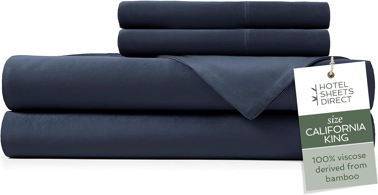 image:imageHotel Sheets Direct 4 Piece Bed Sheet Set Queen Size 100 Viscose Derived from Bamboo Sheets Set with 2 Pillowcases Cooling amp Breathable Luxury Bedding MoistureWicking amp Silky Soft Texture White16 Navy Blue