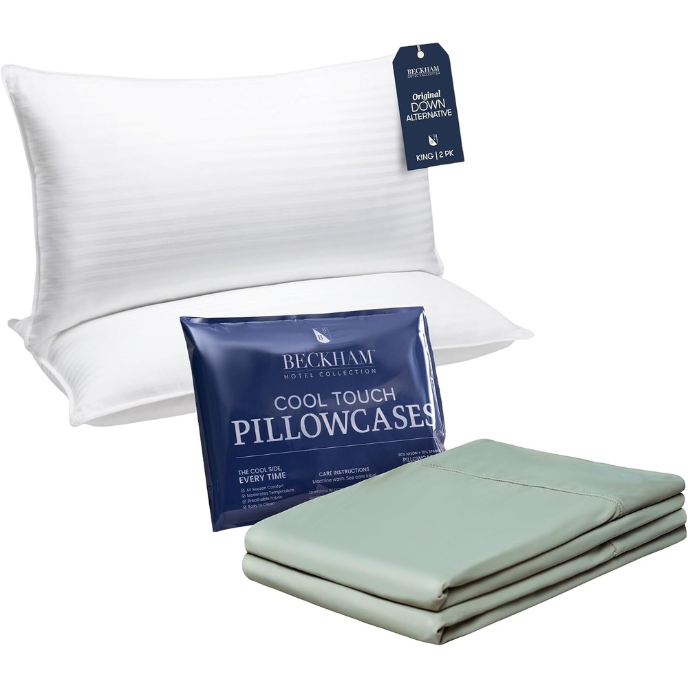 image:imageBeckham Hotel Collection Bed Pillows with Cooling Pillowcases for Hot Sleepers King Size Sets of 2 Soft Down Alternative Pillow for Sleeping Envelope Cases Aqua Gray