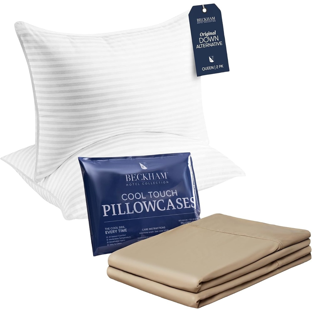 image:imageBeckham Hotel Collection Bed Pillows with Cooling Pillowcases for Hot Sleepers Queen Size Sets of 2 Soft Down Alternative Pillow for Sleeping Envelope Cases Sand