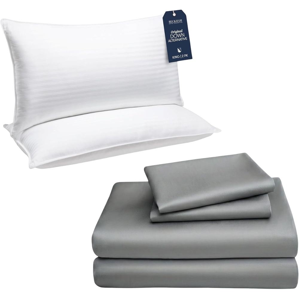 image:imageBeckham Hotel Collection Down Alternative Pillows amp Cotton Sheets 4 Piece Set 16 Deep Pocket 2 Open End Pillowcases King Dark Gray