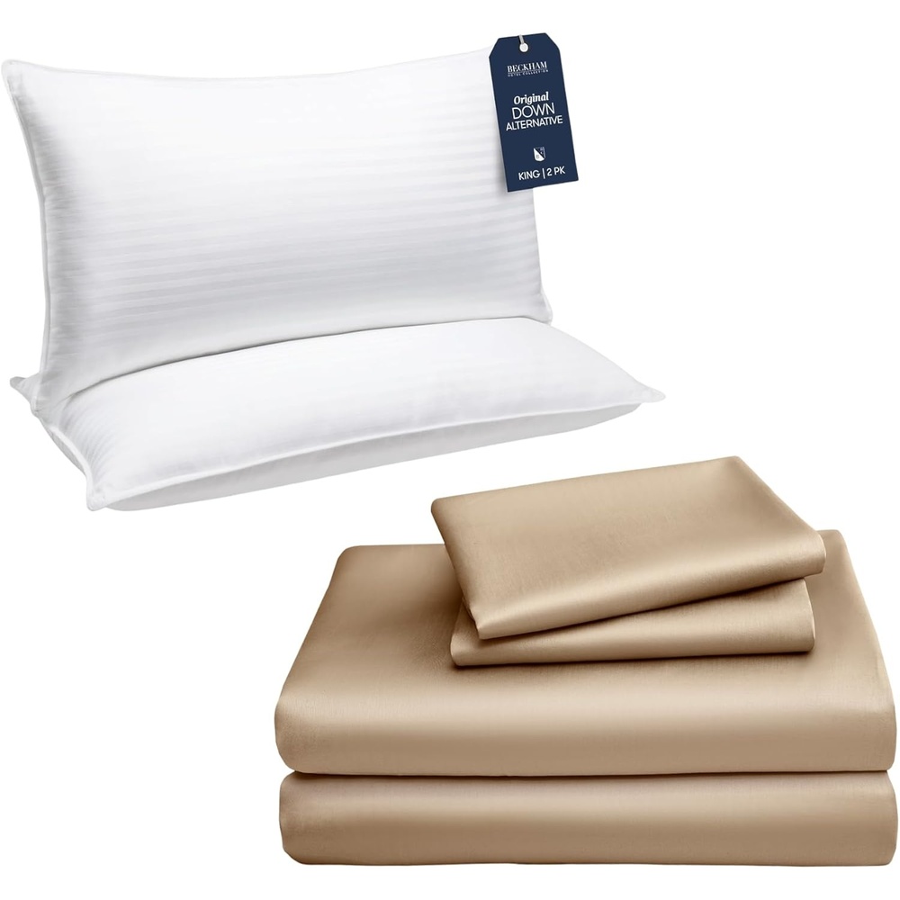 image:imageBeckham Hotel Collection Down Alternative Pillows amp Cotton Sheets 4 Piece Set 16 Deep Pocket 2 Open End Pillowcases King Sand