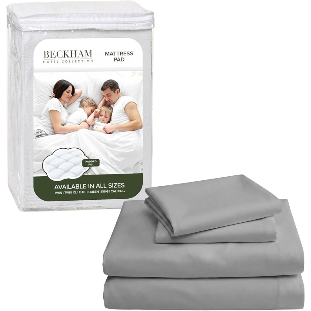 image:imageBeckham Hotel Collection Full Size Mattress Pad amp Dark Gray Cotton Sheet Set Deep Pocket All Season Use