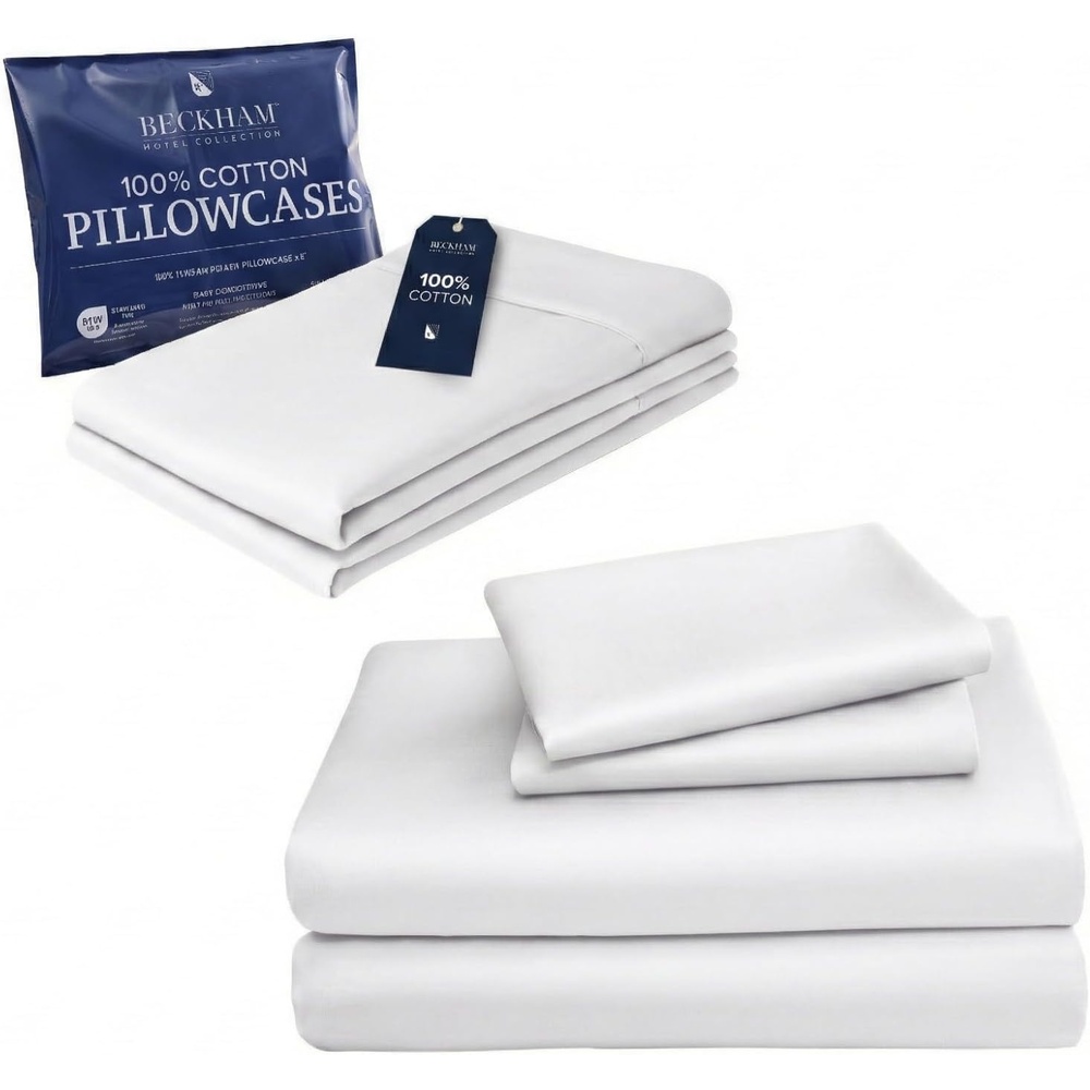 image:imageBeckham Hotel Collection King Sheet Set 100 Cotton 500TC Sateen 4 Pillowcases 16 Deep Pocket Fitted Sheet MoistureWicking 6Piece White