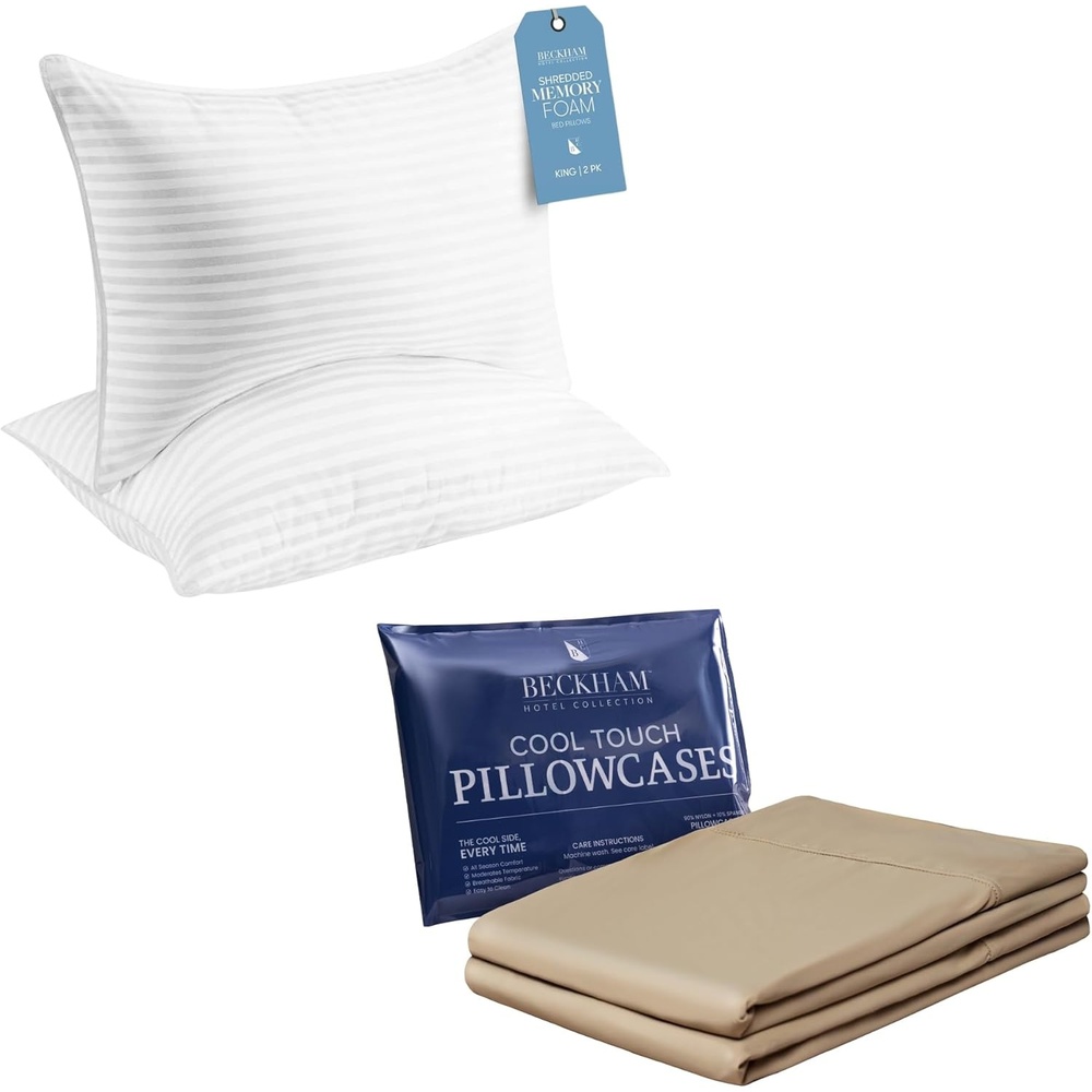image:imageBeckham Hotel Collection King Size Memory Foam Bed Pillows amp Cooling Pillowcases Set of 2 Sand