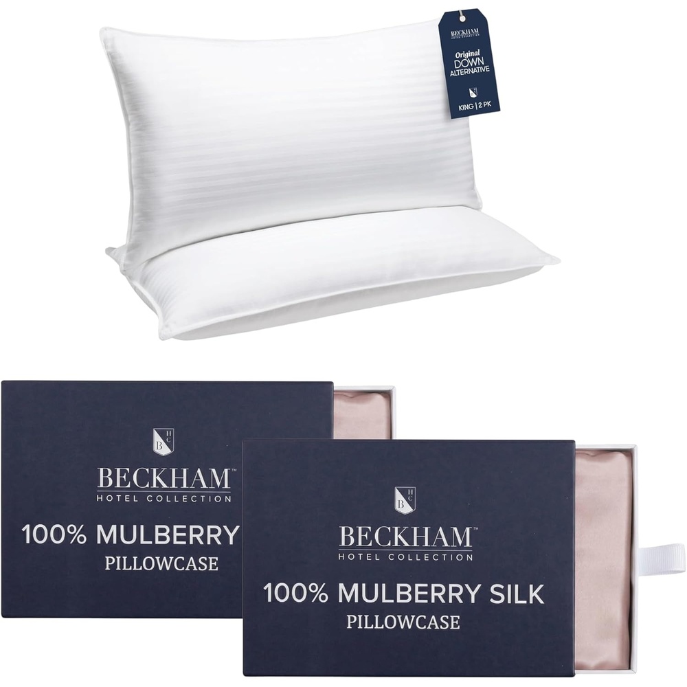 image:imageBeckham Hotel Collection Pillows with 2 Silk Pillowcases for Hair amp Skin 22 Momme 6A Grade Mulberry Silk King Cherry Pink