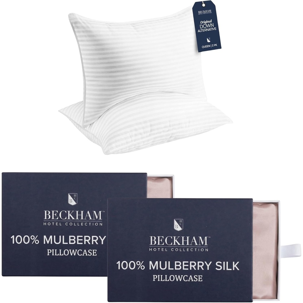 image:imageBeckham Hotel Collection Pillows with 2 Silk Pillowcases for Hair amp Skin 22 Momme 6A Grade Mulberry Silk Queen Cherry Pink