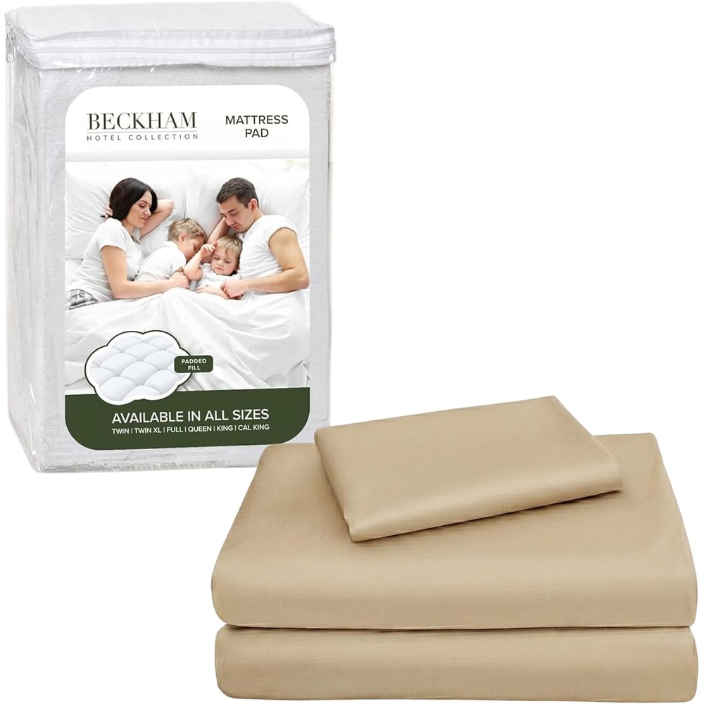 image:imageBeckham Hotel Collection Twin XL Size Mattress Pad amp Sand Cotton Sheet Set Deep Pocket All Season Use