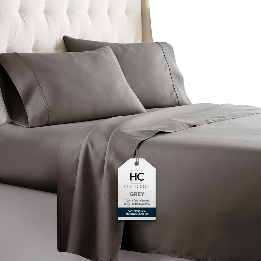 image:imageHC COLLECTION Bed Sheets Set Queen with 2 Pillowcases Hotel Luxury Platinum 1800 Series Brushed Microfiber Deep Pocket Fitted Sheet Fade Resistant Ultra Soft 4 Pcs Bedding for Hot Sleepers Ice Blue02 Gray