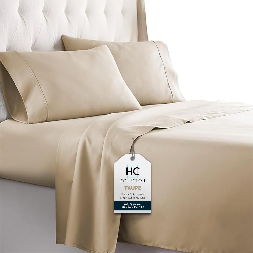 image:imageHC COLLECTION Bed Sheets Set Queen with 2 Pillowcases Hotel Luxury Platinum 1800 Series Brushed Microfiber Deep Pocket Fitted Sheet Fade Resistant Ultra Soft 4 Pcs Bedding for Hot Sleepers Ice Blue05 Taupe