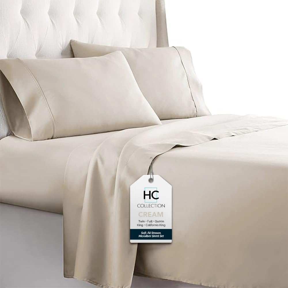 image:imageHC COLLECTION Bed Sheets Set Queen with 2 Pillowcases Hotel Luxury Platinum 1800 Series Brushed Microfiber Deep Pocket Fitted Sheet Fade Resistant Ultra Soft 4 Pcs Bedding for Hot Sleepers Ice Blue04 Cream