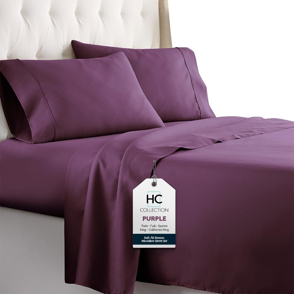 image:imageHC COLLECTION Bed Sheets Set Queen with 2 Pillowcases Hotel Luxury Platinum 1800 Series Brushed Microfiber Deep Pocket Fitted Sheet Fade Resistant Ultra Soft 4 Pcs Bedding for Hot Sleepers Ice Blue09 Purple
