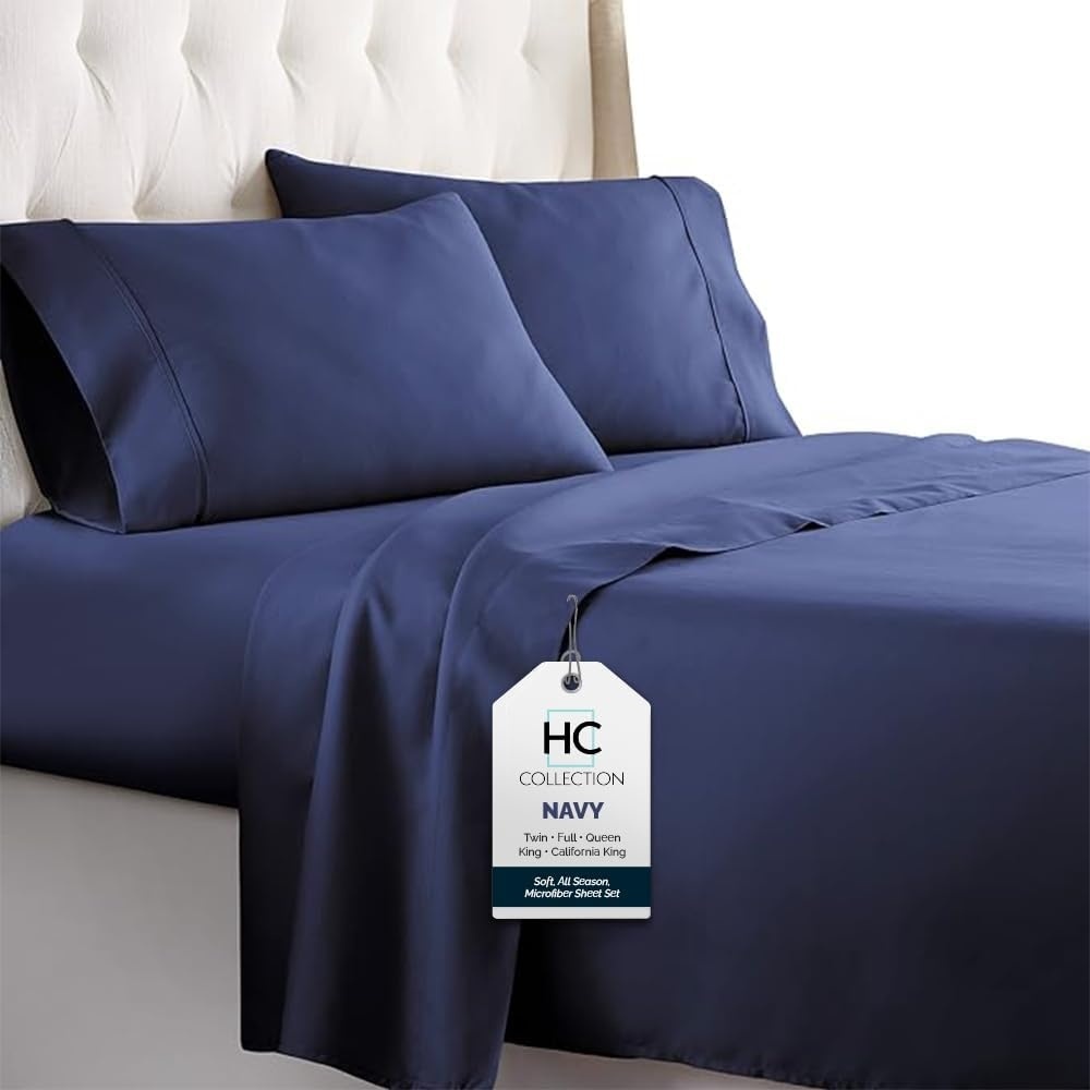 image:imageHC COLLECTION Bed Sheets Set Queen with 2 Pillowcases Hotel Luxury Platinum 1800 Series Brushed Microfiber Deep Pocket Fitted Sheet Fade Resistant Ultra Soft 4 Pcs Bedding for Hot Sleepers Ice Blue10 Navy