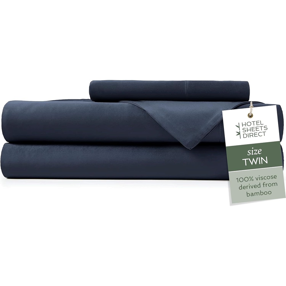 image:imageHotel Sheets Direct 4 Piece Bed Sheet Set Queen Size 100 Viscose Derived from Bamboo Sheets Set with 2 Pillowcases Cooling amp Breathable Luxury Bedding MoistureWicking amp Silky Soft Texture White16 Navy Blue